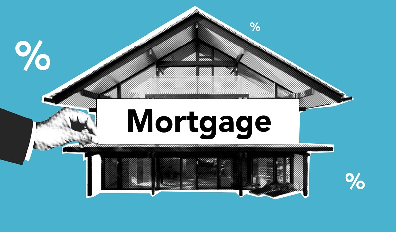 Illustration of a modern house with the word “Mortgage” highlighting the concept of loan servicing, note ownership, and real estate finance.