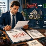 Illustration of a professional reviewing a past due promissory note with legal tools like a gavel and financial documents, showing strategies for enforcing real estate debt collection and recovering payments